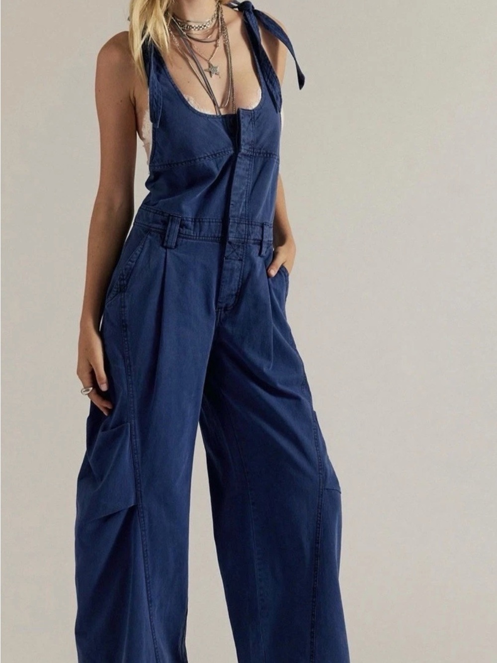 NWOT FREE PEOPLE MUST HAVE WIDE LEG OVERALLS WITH TIE SHOULDERS